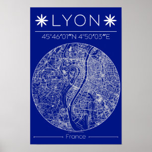 Poster Cartaz de Mapa da Cidade de Lyon em Blueprint Mini
