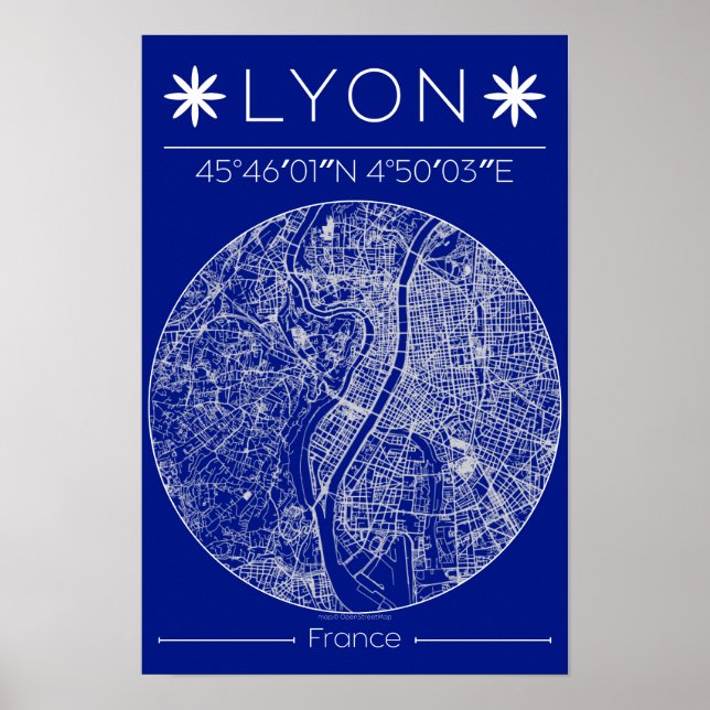 Poster Cartaz de Mapa da Cidade de Lyon em Blueprint Mini (Frente)