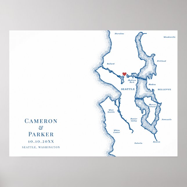 Poster Cartaz de Mapa de Seattle Azul Marinho para Livro  (Frente)