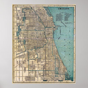 Poster Cartaz de Mapa Detalhado Antigo de Chicago 1893