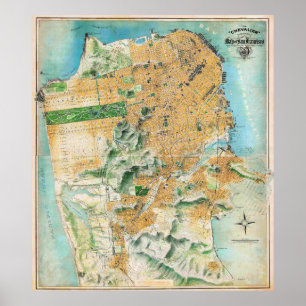 Poster Cartaz de Mapa Detalhado Antigo de São Francisco 1