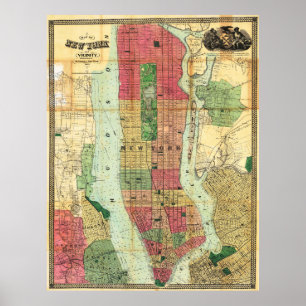 Poster Cartaz de Mapa Detalhado Vintage de Nova York 1863