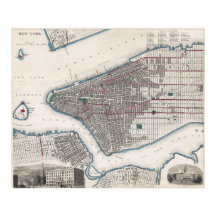 Cartaz de Mapa Detalhado Vintage de Nova York 1870