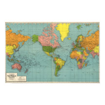 Cartaz de Mapa Mundial Centrado na América Vintage