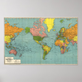 Poster Cartaz de Mapa Mundial Centrado na América Vintage