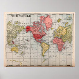 Poster Cartaz de Mapa Mundial Vintage Centrado nos EUA