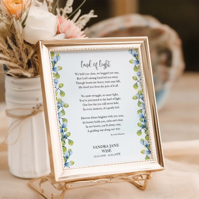 Poster Cartaz de Memorial de Poema Funerário Terra de Luz (Poem Poster for funeral decor / memorial keepsake framed with greenery by Darling & May)