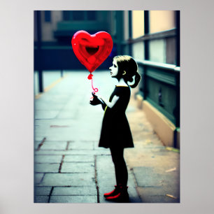 Poster Cartaz de menina com balão vermelho em forma de co
