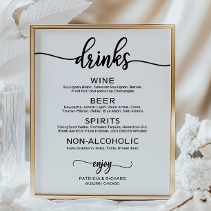 Poster Cartaz de Menu de Bar de Bebidas de Casamento em C
