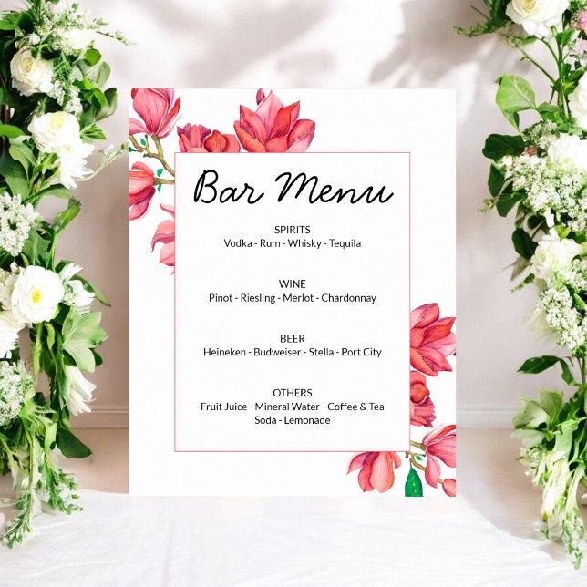 Poster Cartaz de Menu de Bar Rosa Branco Floral (Criador carregado)