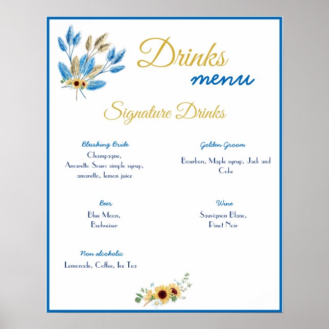 Poster Cartaz de Menu de Bebidas Casamento (Frente)