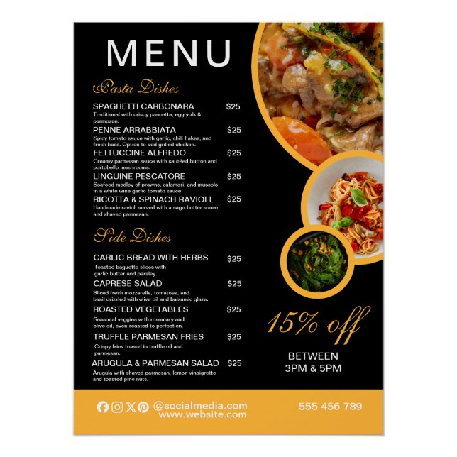 Pôster Cartaz de Menu de Restaurante Editável (Frente)