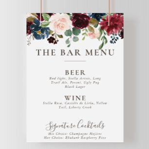 Poster Cartaz de Menu do Bar de Casamento com Flores Clás