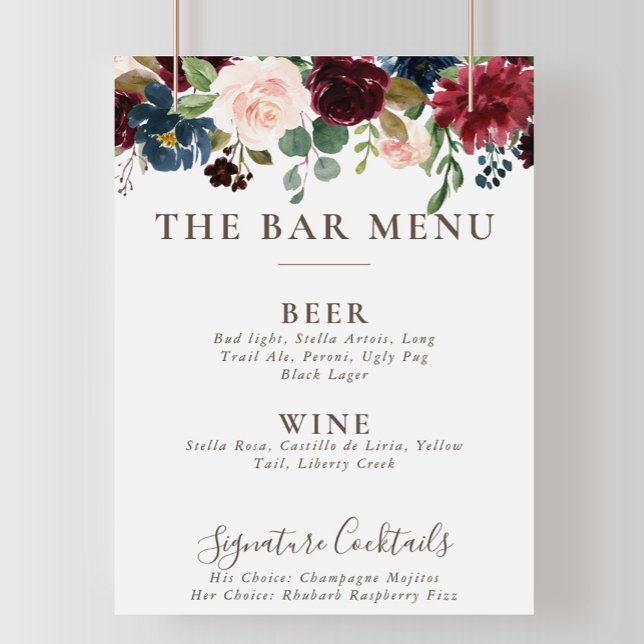 Poster Cartaz de Menu do Bar de Casamento com Flores Clás (Criador carregado)