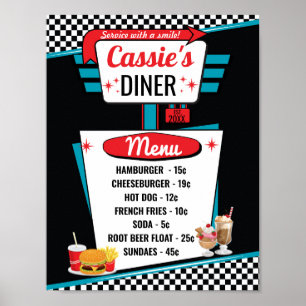 Poster Cartaz de Menu Vintage de Lanchonete dos Anos 1950