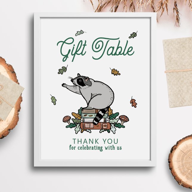 Poster Cartaz de Mesa do Presente do Partido Raccoon Book (Woodland Storybook Baby Shower Gift Table Sign)