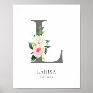 Poster Cartaz de Monograma de Letra L com Florais de Aqua
