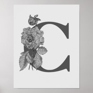Poster Cartaz de Monograma Inicial Elegante Peônia Prata 