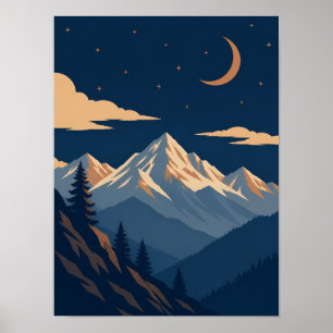 Poster Cartaz de Montanha ao Luar no Crepúsculo Alpino Ce