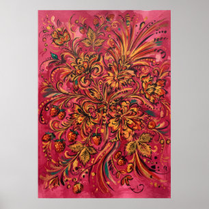 Poster Cartaz de Morango Floral Folclórico Rosa