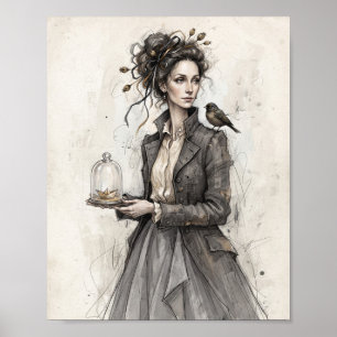 Poster Cartaz de Mulher Vitoriana Gótica com Pássaro