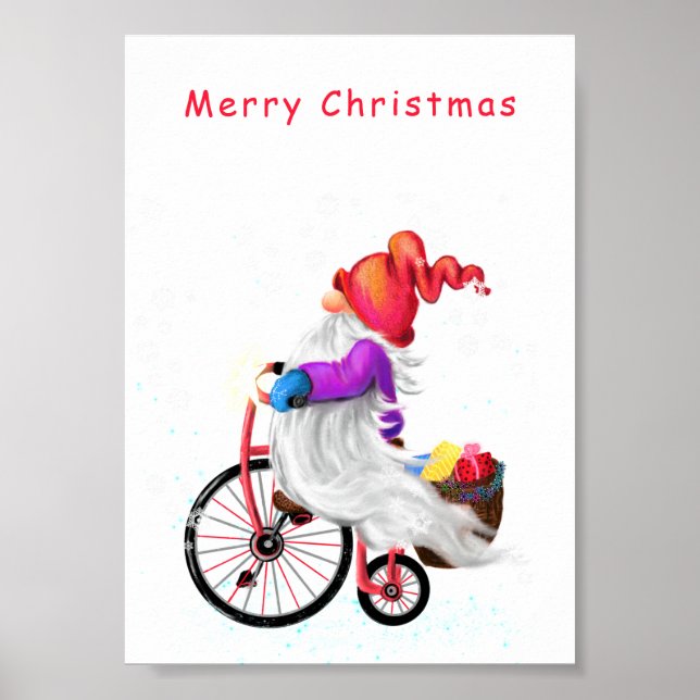 Poster Cartaz de Natal Gnomo com Bicicleta e Presentes (Frente)