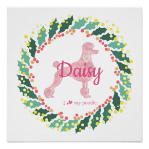 Pôster Cartaz de Natal Silhueta de Poodle Rosa Personaliz