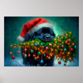Poster Cartaz de Newfie Carregando uma Árvore de Natal
