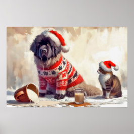 Poster Cartaz de Newfie com Gato e Eggnog Derramado