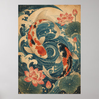 Poster Cartaz de Onda com Peixes Koi Japoneses | Sol Verm