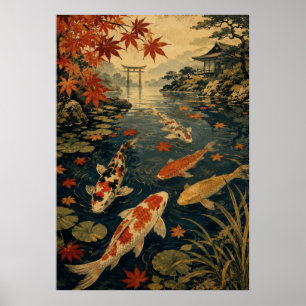 Poster Cartaz de Onda de Peixe Koi Japonês Sol Vermelho