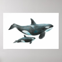 Cartaz de Orca Mãe e Bebê em Aquarela