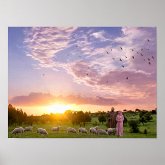 Poster Cartaz de Ovelhas Pacíficas Pastando ao Pôr do Sol