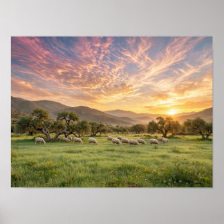 Poster Cartaz de Ovelhas Pacíficas Pastando ao Pôr do Sol