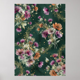 Poster Cartaz de padrão de flor silvestre de papoula teal