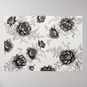 Poster Cartaz de padrão floral Peônia Preto e Branco Sama