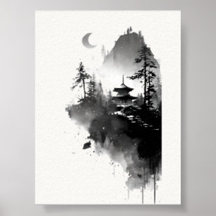 Poster Cartaz de Paisagem de Pagode Zen com Tinta Japones