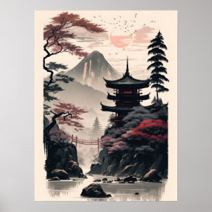 Poster Cartaz de Paisagem de Templo Japonês – Montanha Ze