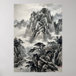 Poster Cartaz de Paisagem Montanhosa com Tinta Chinesa | 