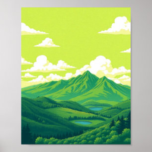 Poster Cartaz de Paisagem Montanhosa Retro Vermelho Azul