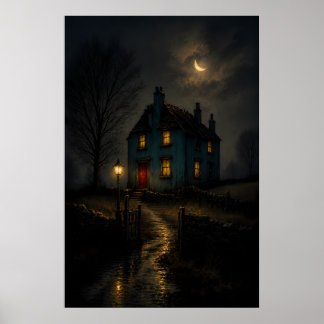 Poster Cartaz de paisagem noturna de cottage gótico tempe