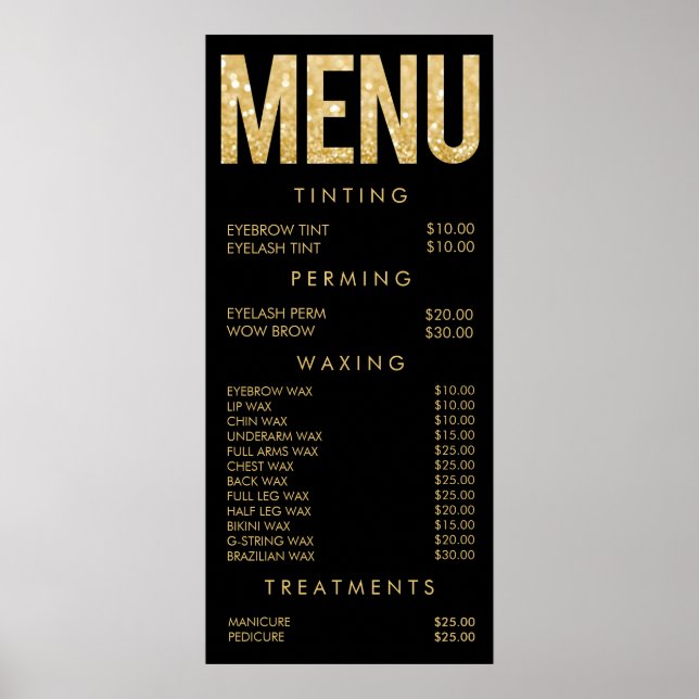 Pôster Cartaz de Parede de Menu de Salão Preto e Dourado  (Frente)