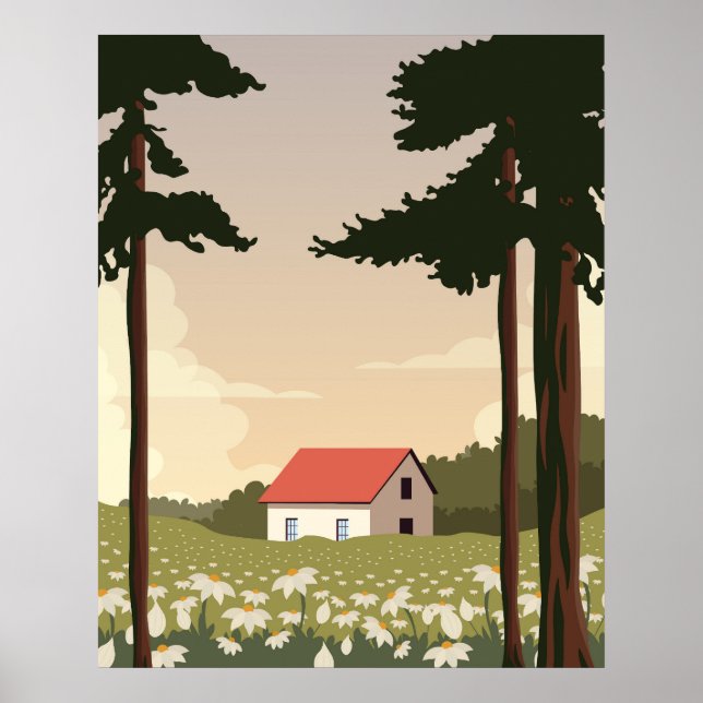 Poster cartaz de parede paisagem da floresta, casa na flo (Frente)