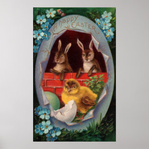 Poster Cartaz de Páscoa de Coelhinhos e Pintinhos
