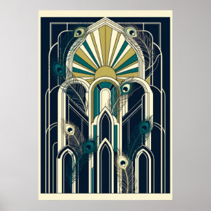 Poster Cartaz de penas de pavão Art Deco em azul-marinho