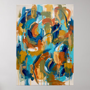 Poster Cartaz de pinceladas abstratas em ocre azul