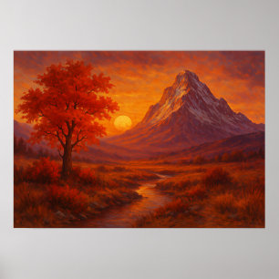 Poster Cartaz de pintura paisagística do pôr do sol na mo