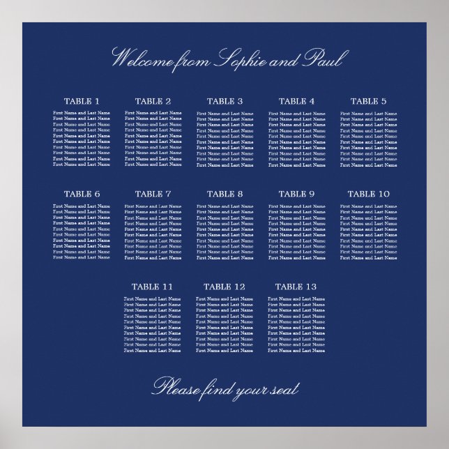 Poster Cartaz de Plano de Assentos de Casamento com 13 Me (Frente)