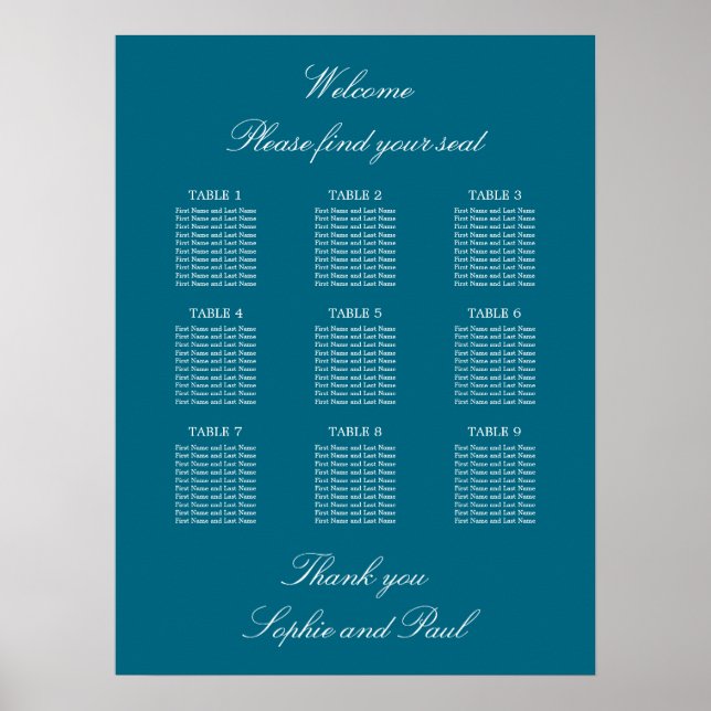 Poster Cartaz de Plano de Assentos de Casamento da Mesa 9 (Frente)