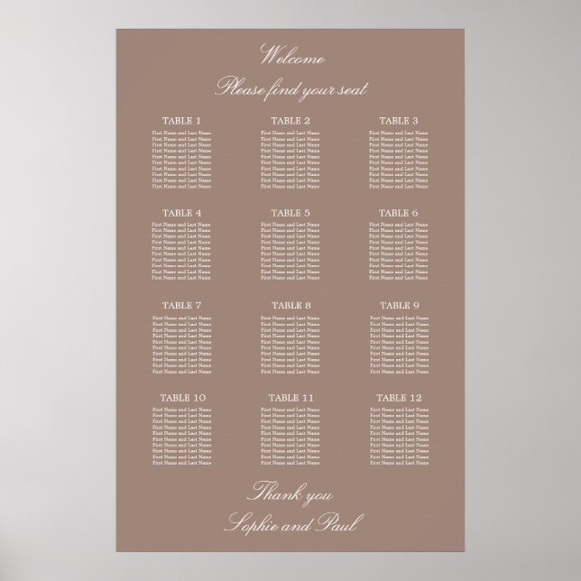 Poster Cartaz de Plano de Assentos de Casamento da Mesa T (Frente)